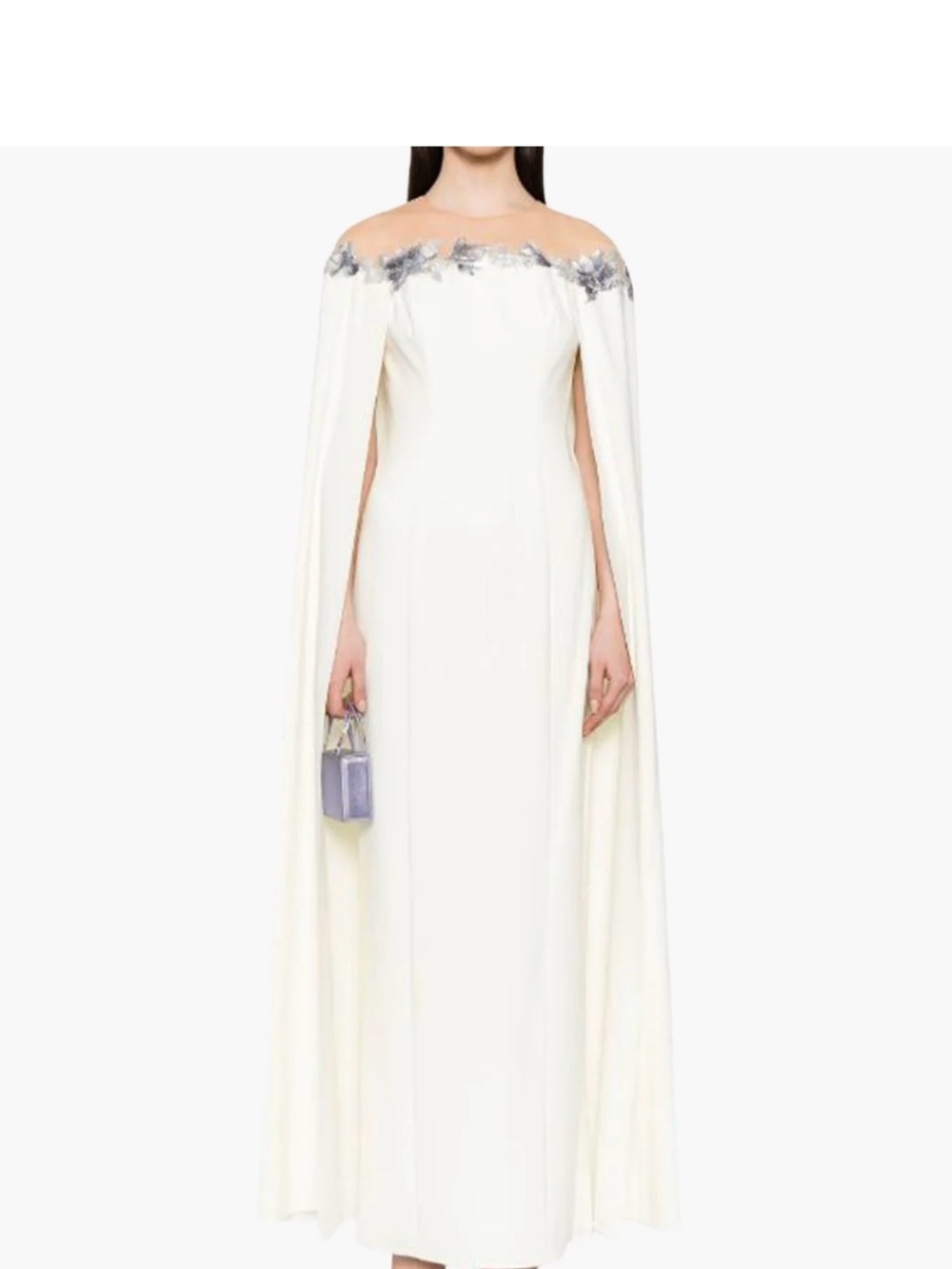 Off-Shoulder White Cape Dress with Silver Floral Trim